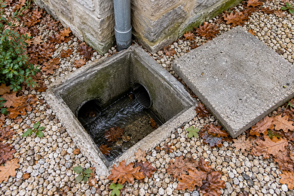 Regard de visite ouvert à l’angle d’une maison en pierre, eau claire au fond