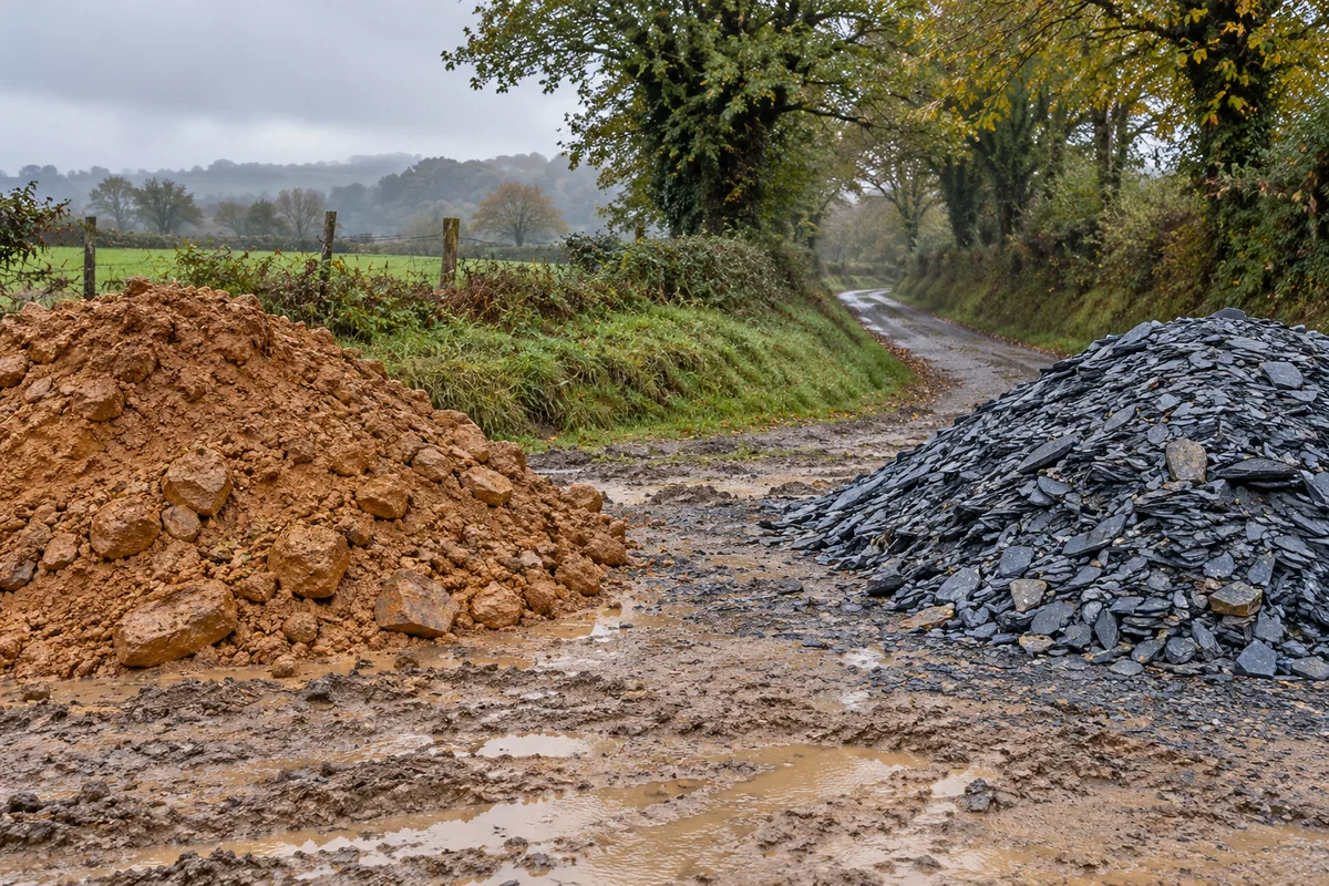 Déblais triés en deux tas, argile ocre et schiste gris, au bord d’une parcelle bocagère