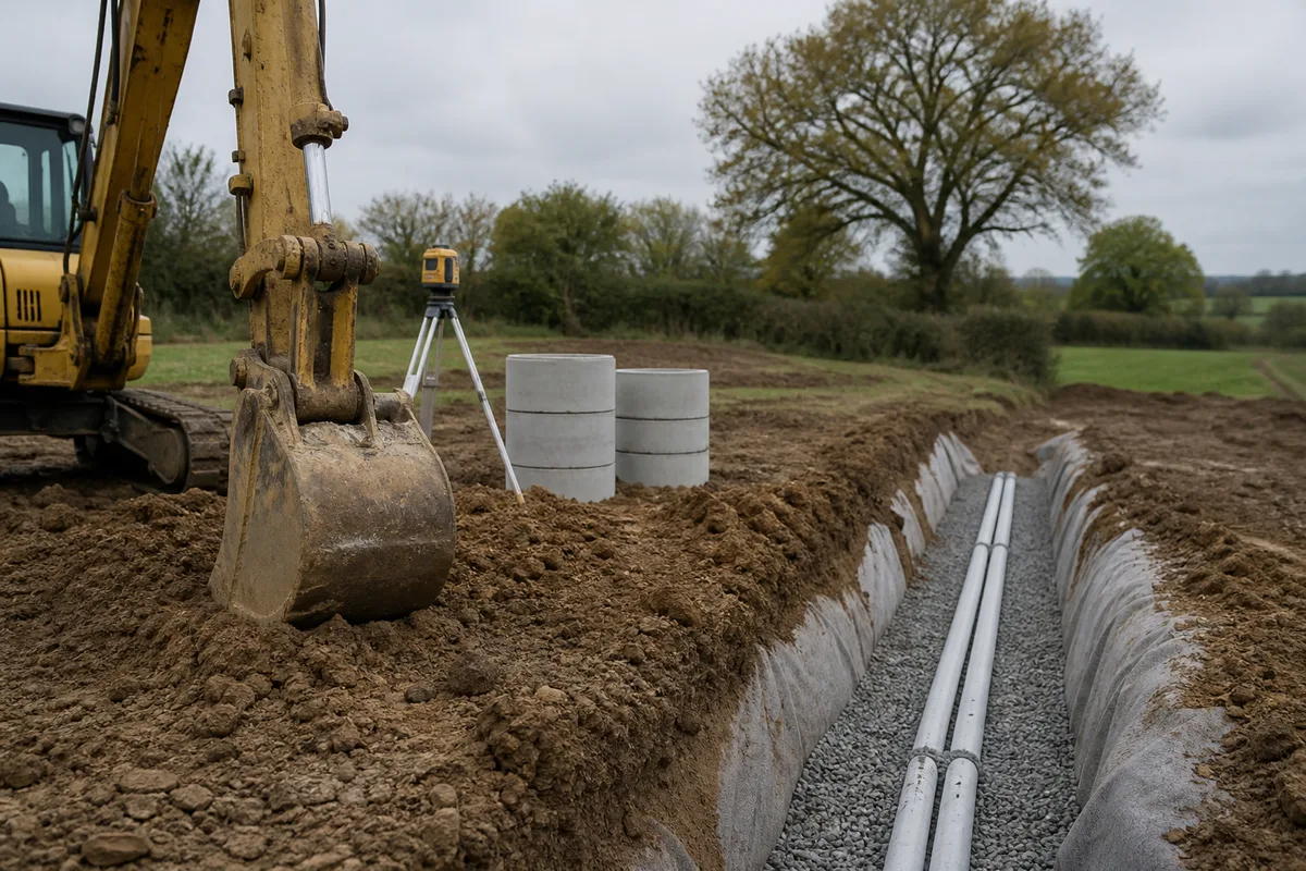 Tranchées d’épandage ouvertes avec drains et graviers avant remblaiement du terrain