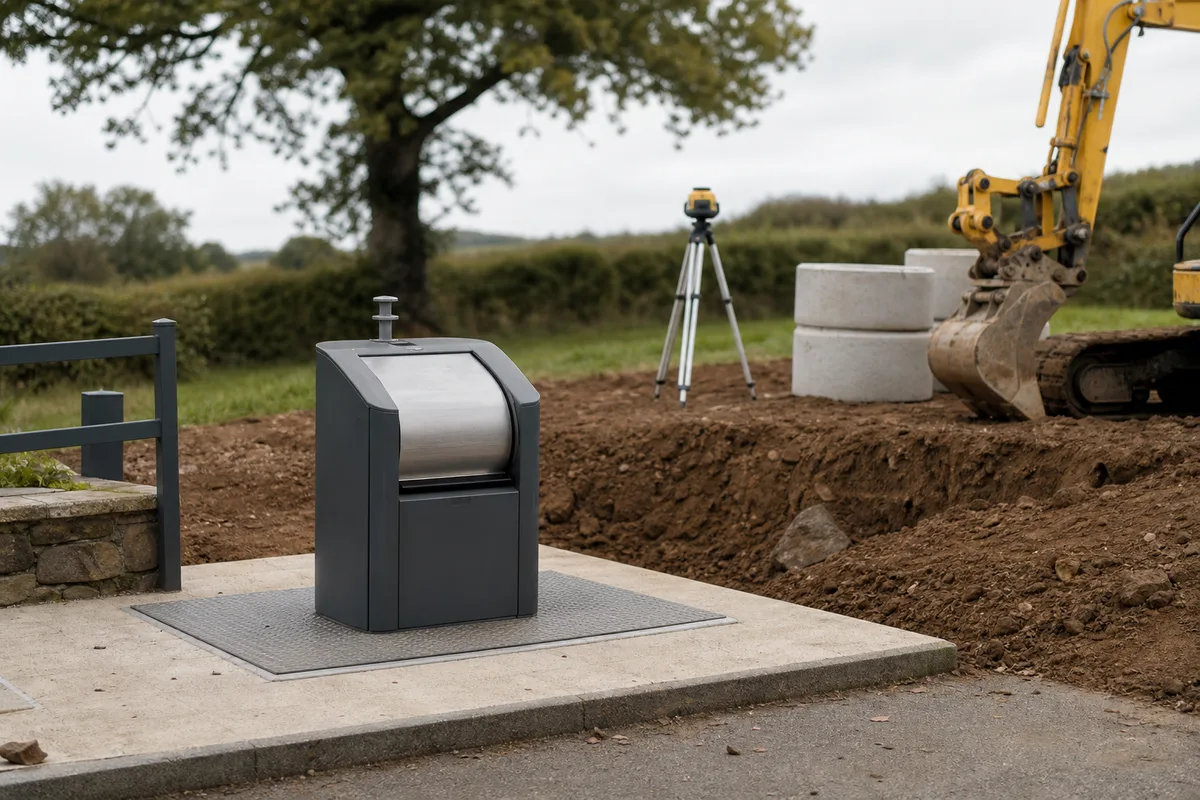 Colonne d&rsquo;apport volontaire enterrée installée sur une place de bourg avec plateforme piétonne