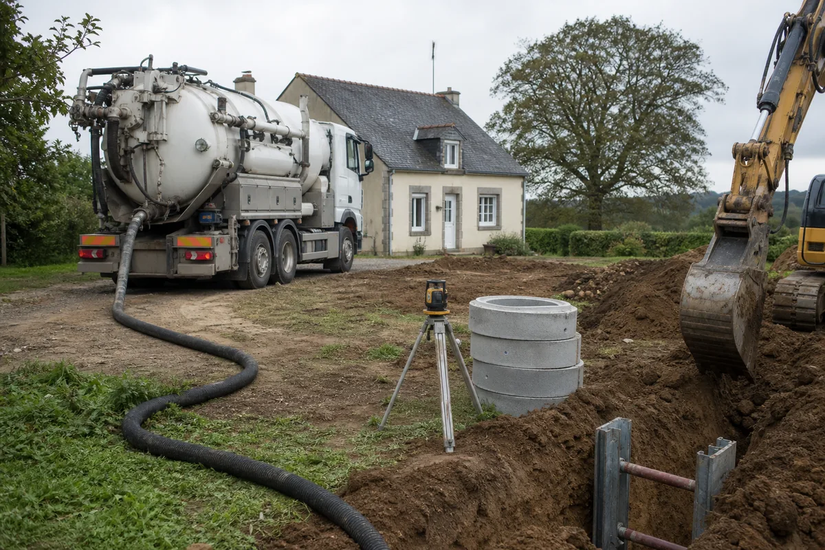 Camion hydrocureur en intervention devant une habitation avec flexible déroulé au sol