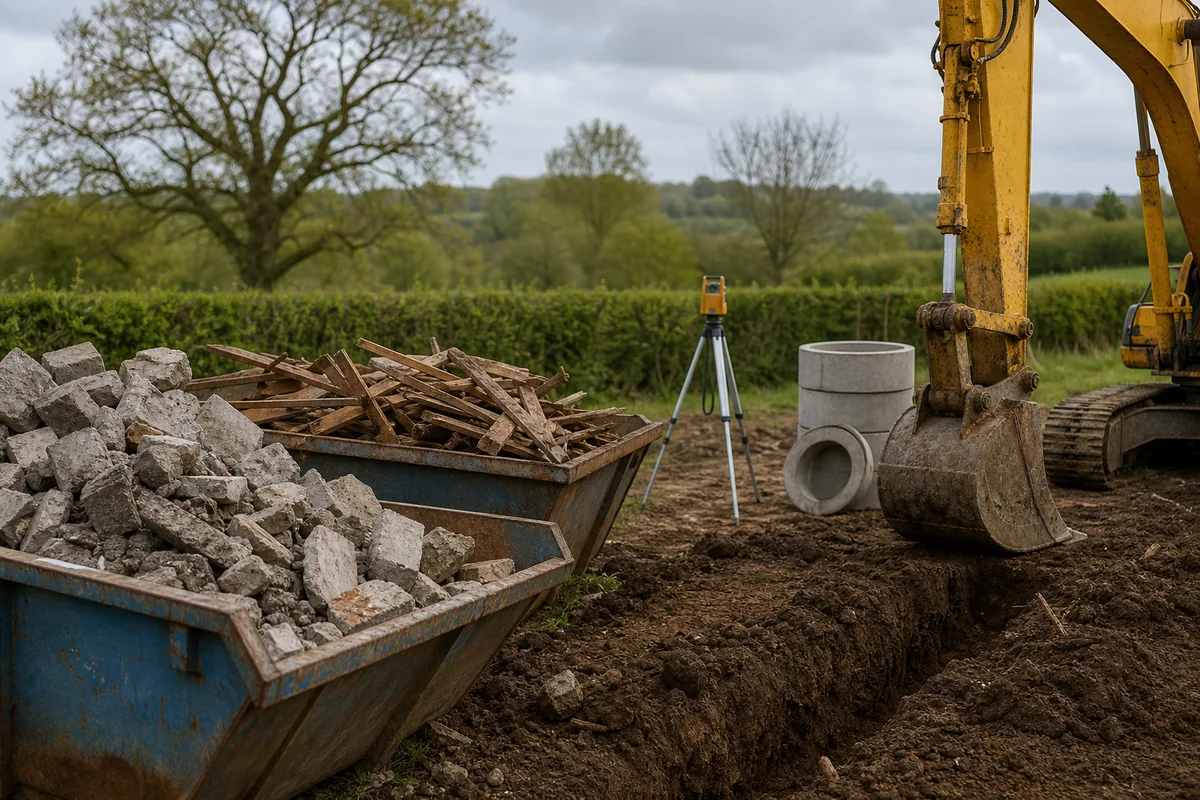 Tas de gravats triés sur un chantier de démolition avec bennes séparées pour béton et bois