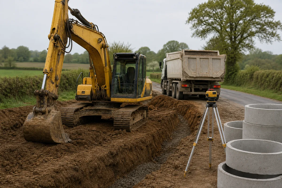 Chantier de travaux publics en Mayenne avec pelle et camion benne au bord d’une route de campagne