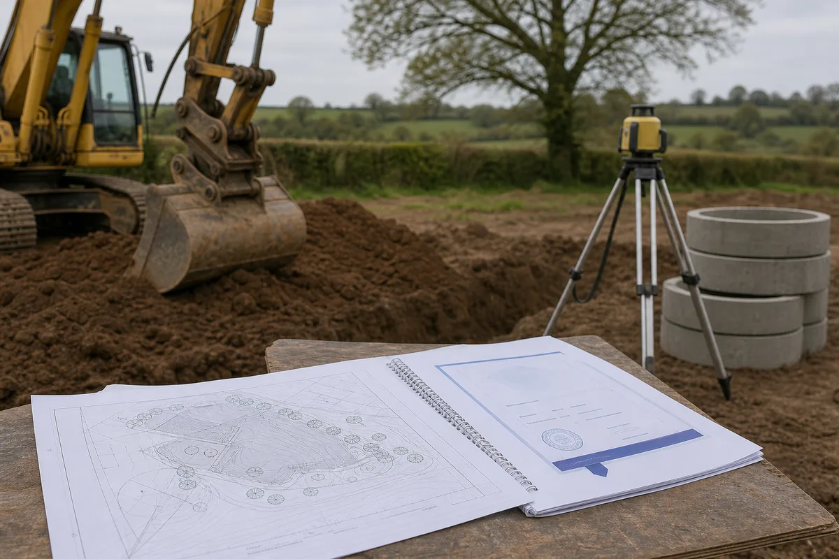 Documents de chantier posés sur une table avec plan de terrain et attestation d’assurance