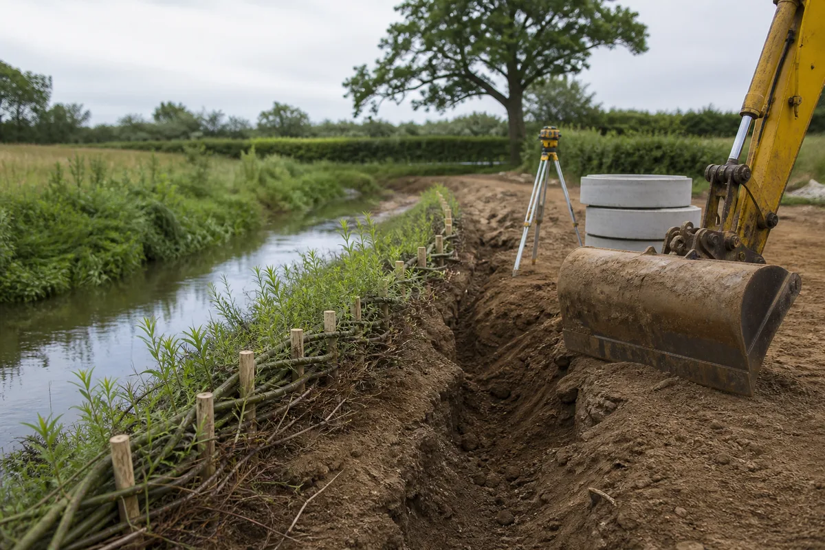 Fascine de saules tressés protégeant une berge de cours d’eau en cours de végétalisation
