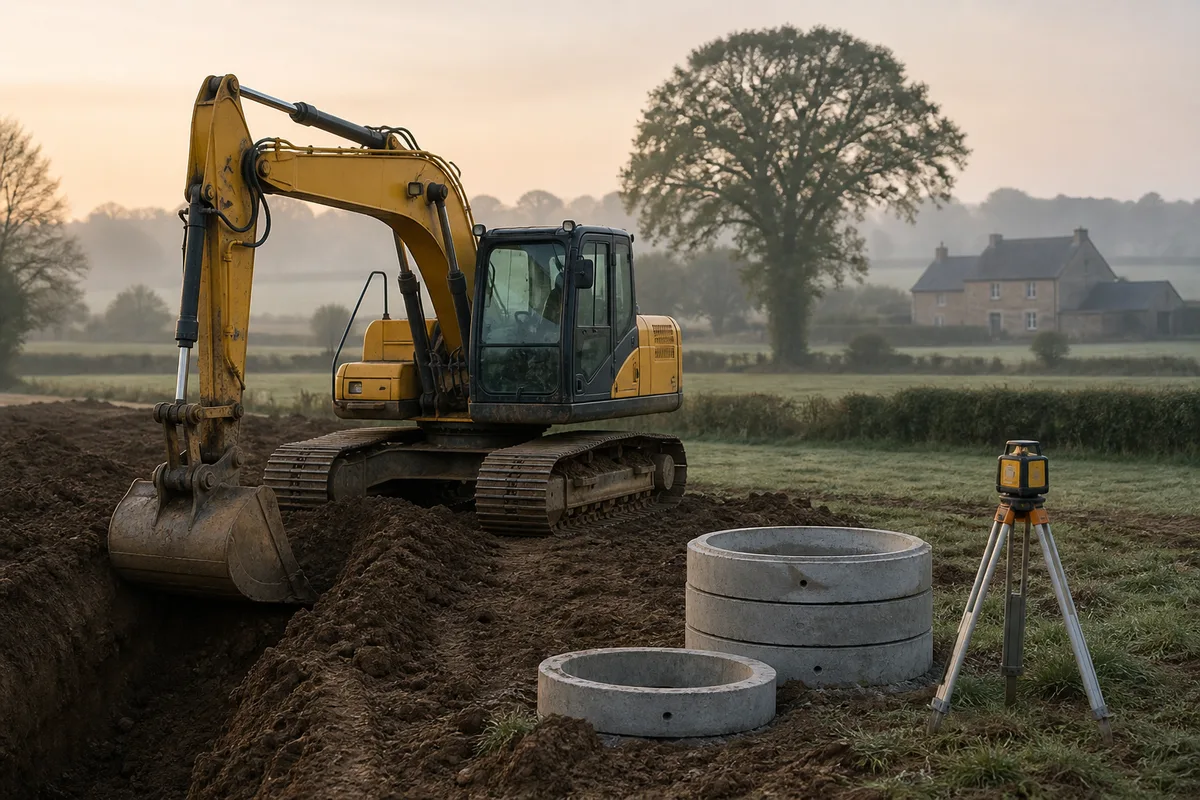 Pelle à chenilles au godet levé sur un chantier de terrassement face aux haies du bocage mayennais