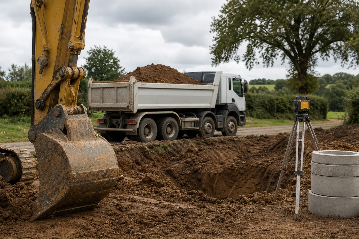 Camion benne chargé de terre de déblai stationné en bordure d’un chantier de construction
